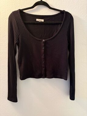 Madewell Ribbed Button-Front Long Sleeve Top - Black